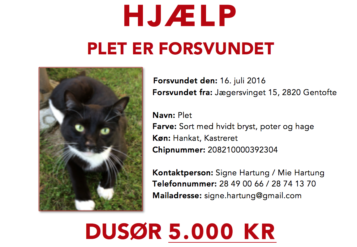 Husarbejde Creep Blot Plet Efterlysning 2820 Gentofte | Pethelp.dk